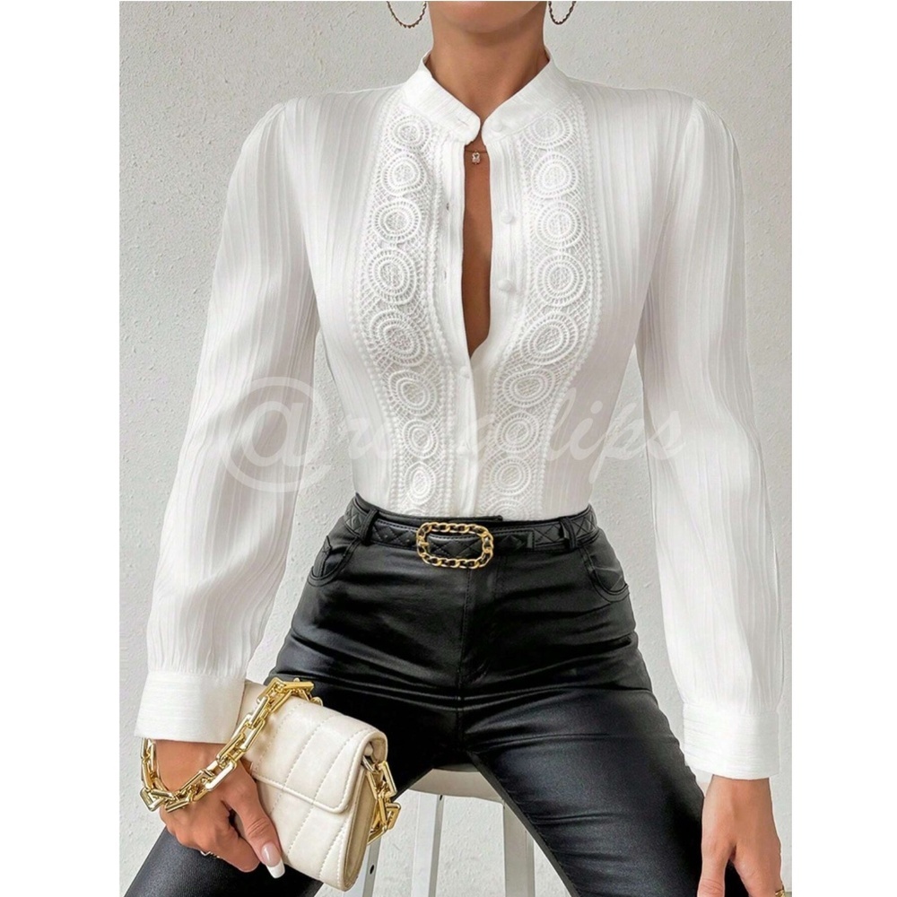 White Embroidered Lace Button Down French Style Shirt Long Sleeve